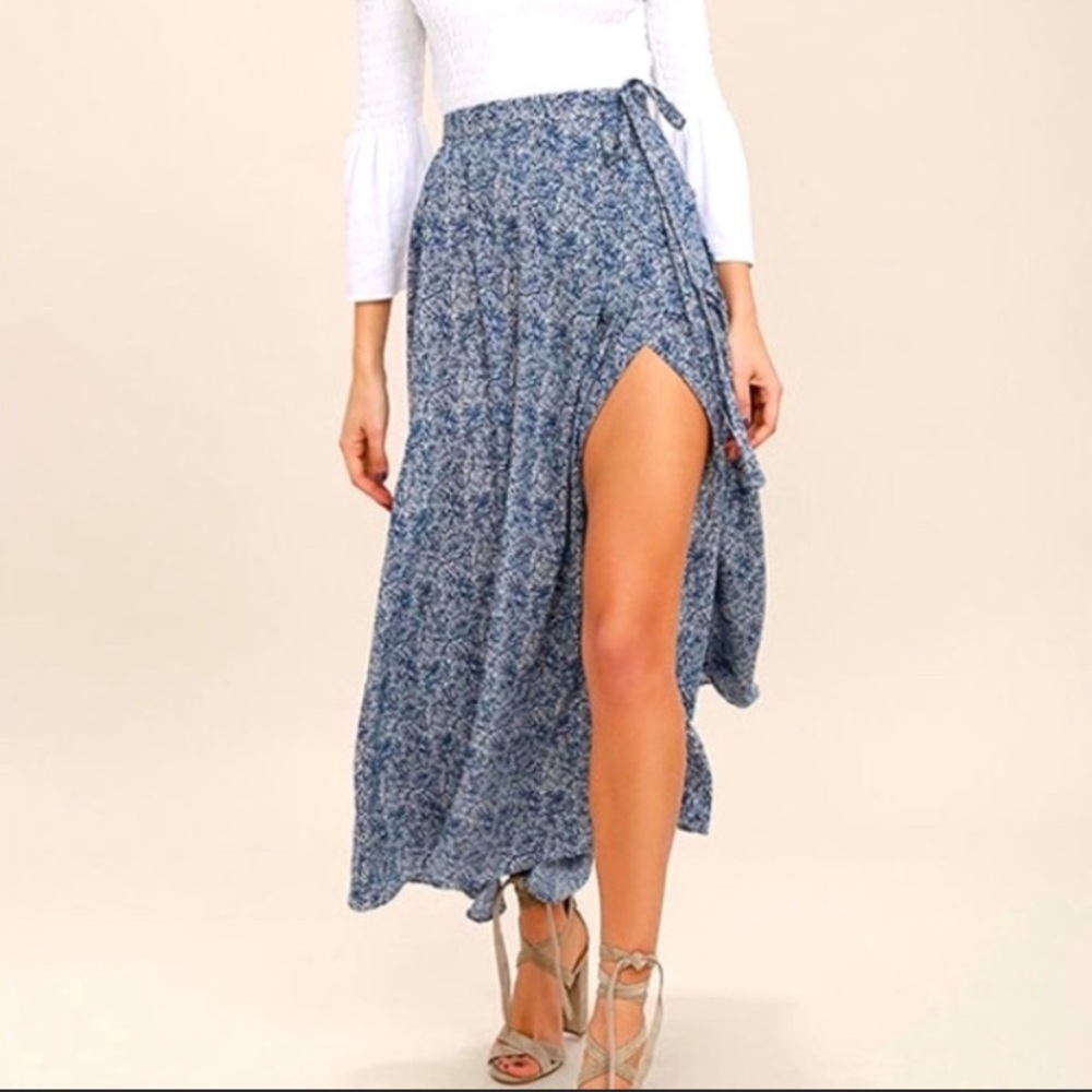 Lulu’s Tempest Navy Blue Print Wrap Maxi Skirt